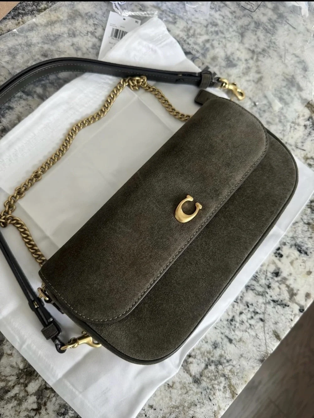 Coach Olive Green Suede Shoulder Bag with Gold Hardware